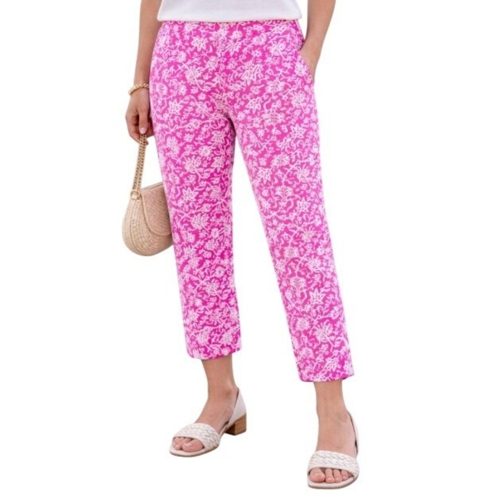 Lilly & Van Capri Chino Pants Women 6 Pink White Floral Tiger Straight Whimsical